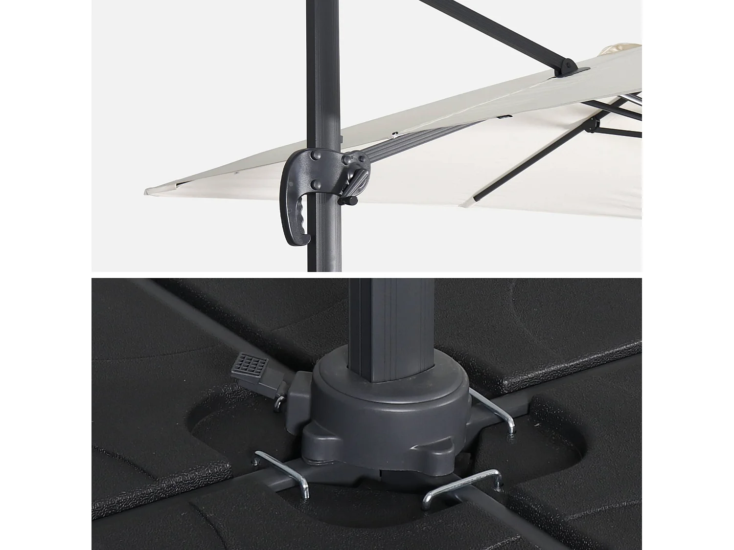 Ombrellone decentrato quadrato 3x3m + set di 4 piastrelle 50x50cm,