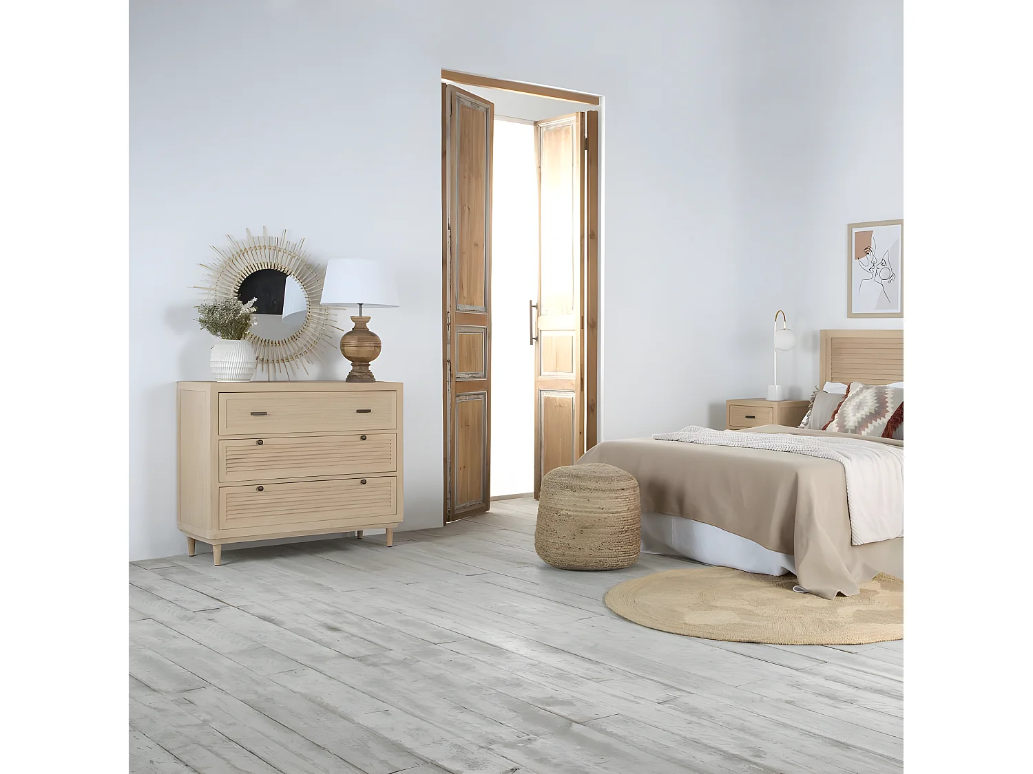 Comò legno massello, pannello in mdf e impiallacciatura  naturale 43x85