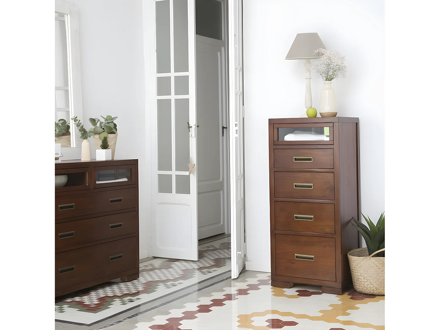 Cassettiera legno massello e impiallacciatura naturale di mindi Tek 44x125