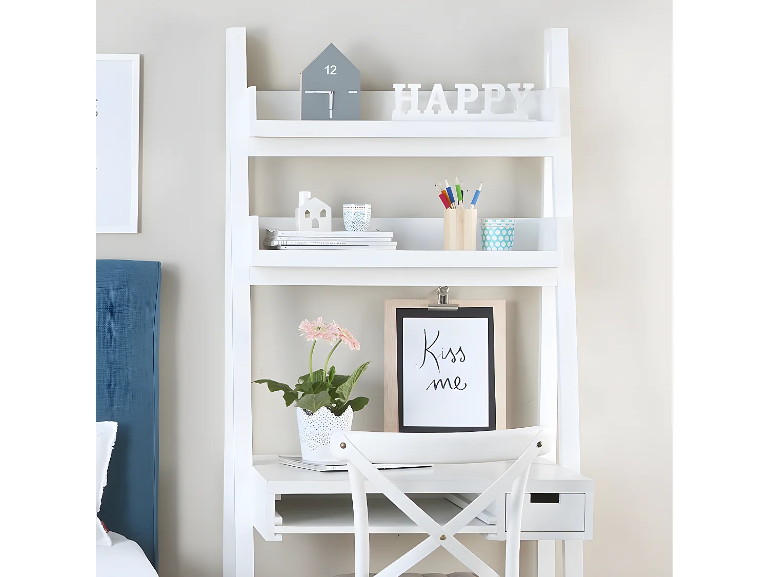 Scrivania legno massello e pannello in mdf bianco 55x185