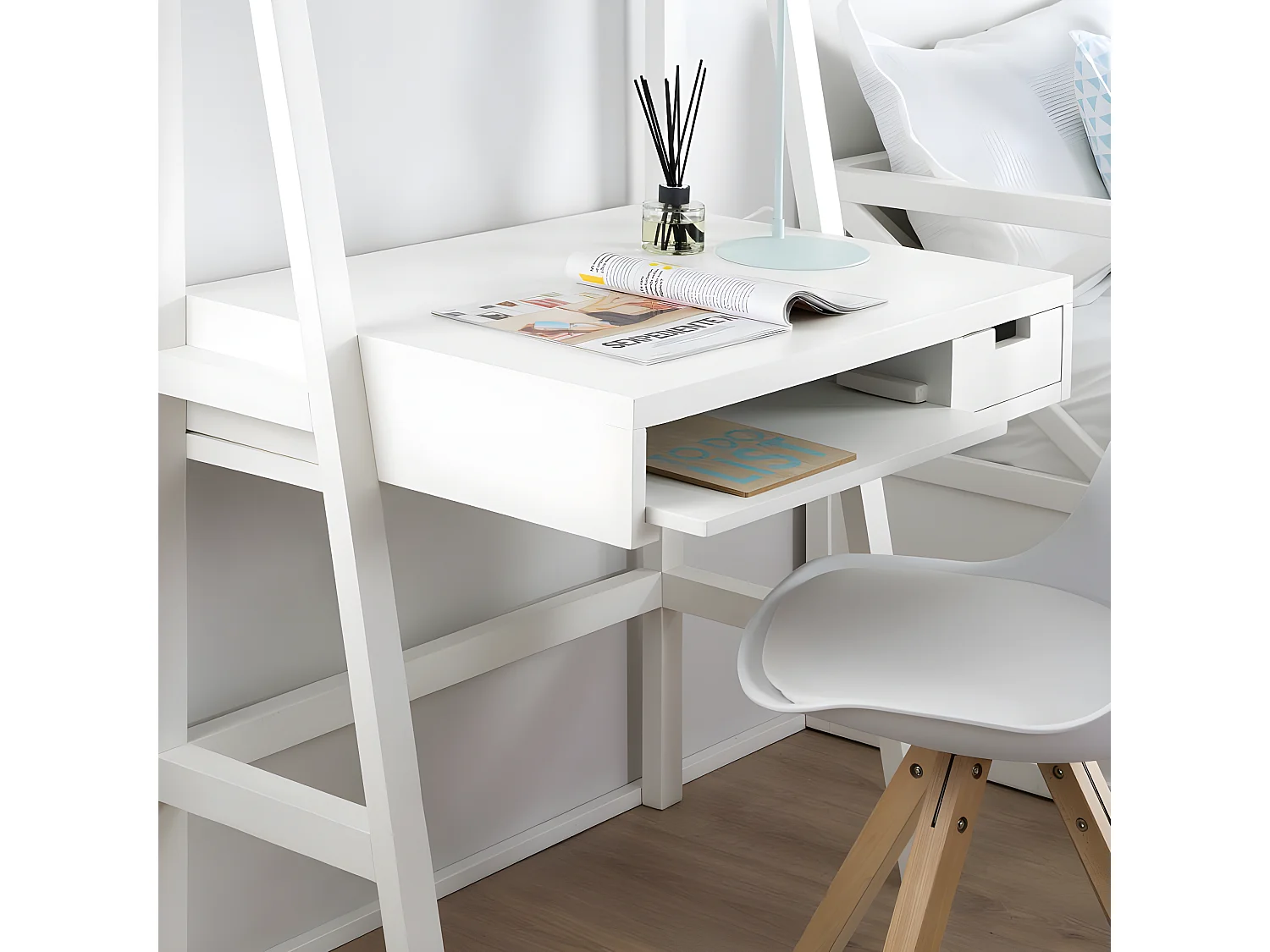 Scrivania legno massello e pannello in mdf bianco 55x185