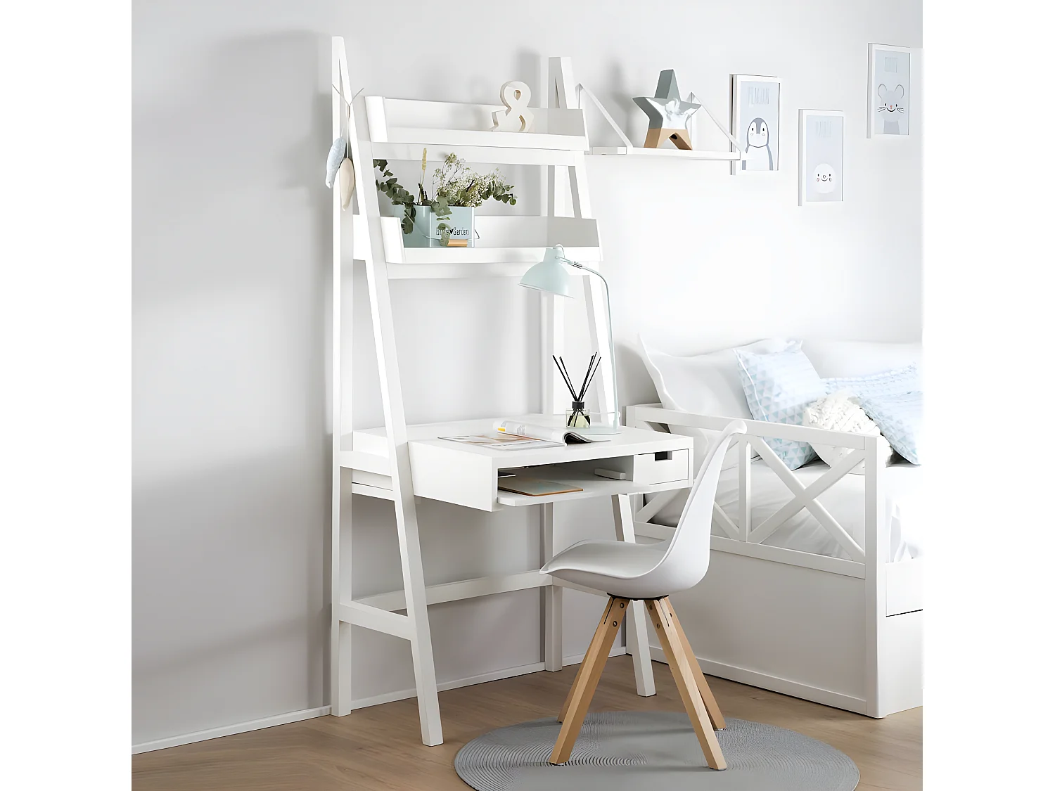 Scrivania legno massello e pannello in mdf bianco 55x185