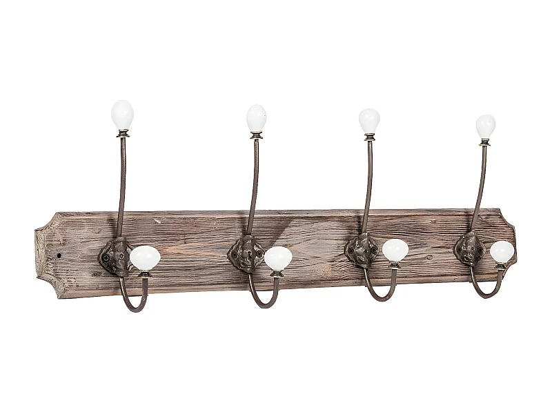 Cintre mural avec 4 crochets 65x21 cm - Bois massif, porcelaine, fer forgé à la main - Cintre pour peignoir de salle de bain avec crochets