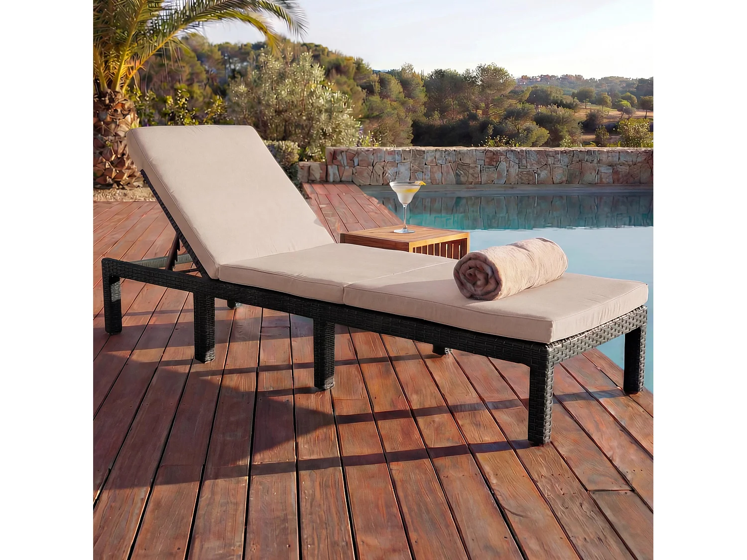 Leżak z polirattanowy MCW-A51 Basic,  Basic antracytowy, poduszka kremowa