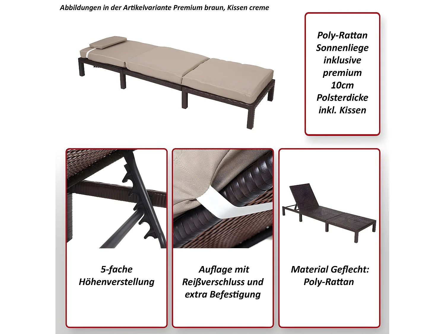 Poly-Rattan Bain de soleil MCW-A51 Premium,  Basic marron, coussin crème