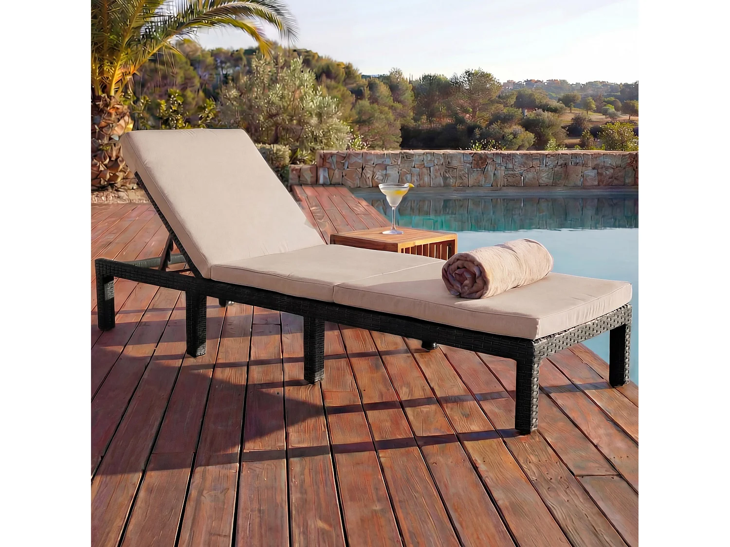 Poly-Rattan Bain de soleil MCW-A51 Premium,  Basic marron, coussin crème