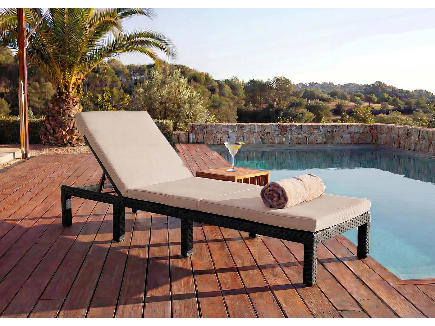 Poly-Rattan Bain de soleil MCW-A51 Premium,  Basic marron, coussin crème