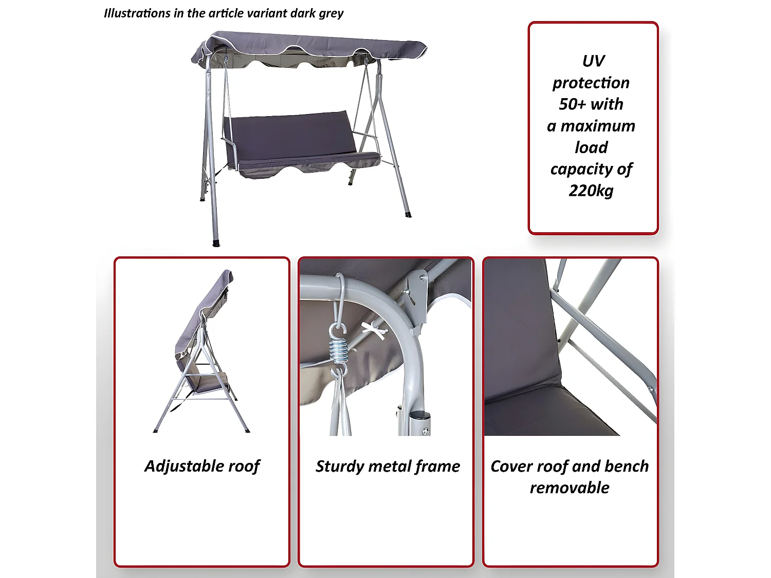 Balancelle de jardin MCW-D61,  gris foncé