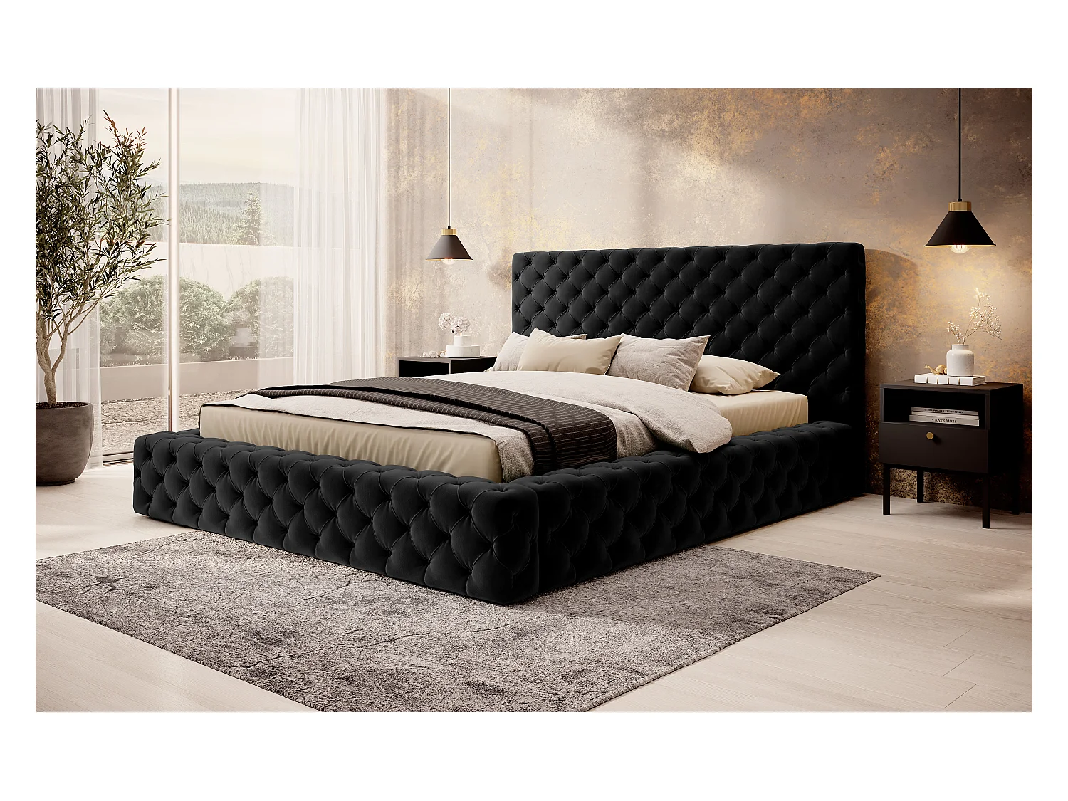Letto King S (140x200)/Materasso incluso/Tessuto/Nero