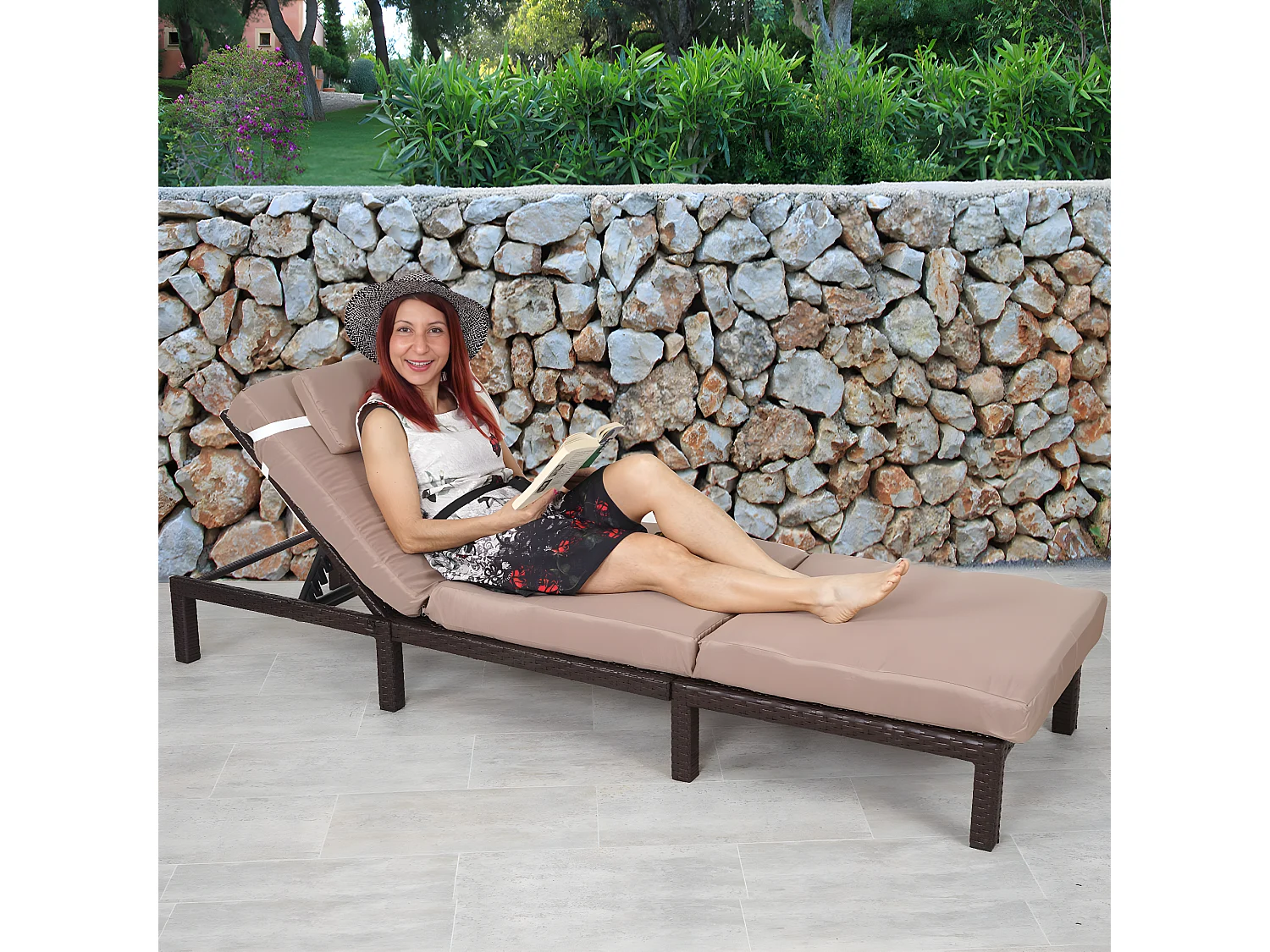 Poly-Rattan Bain de soleil MCW-A51 Premium,  Premium marron, coussin crème