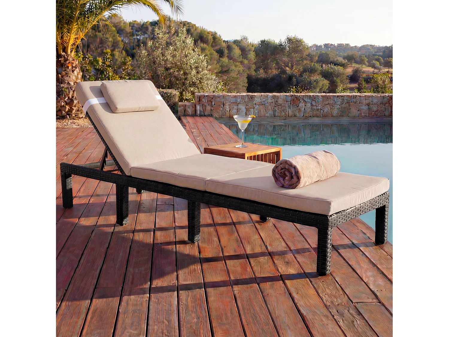 Poly-Rattan Bain de soleil MCW-A51 Premium,  Premium marron, coussin crème