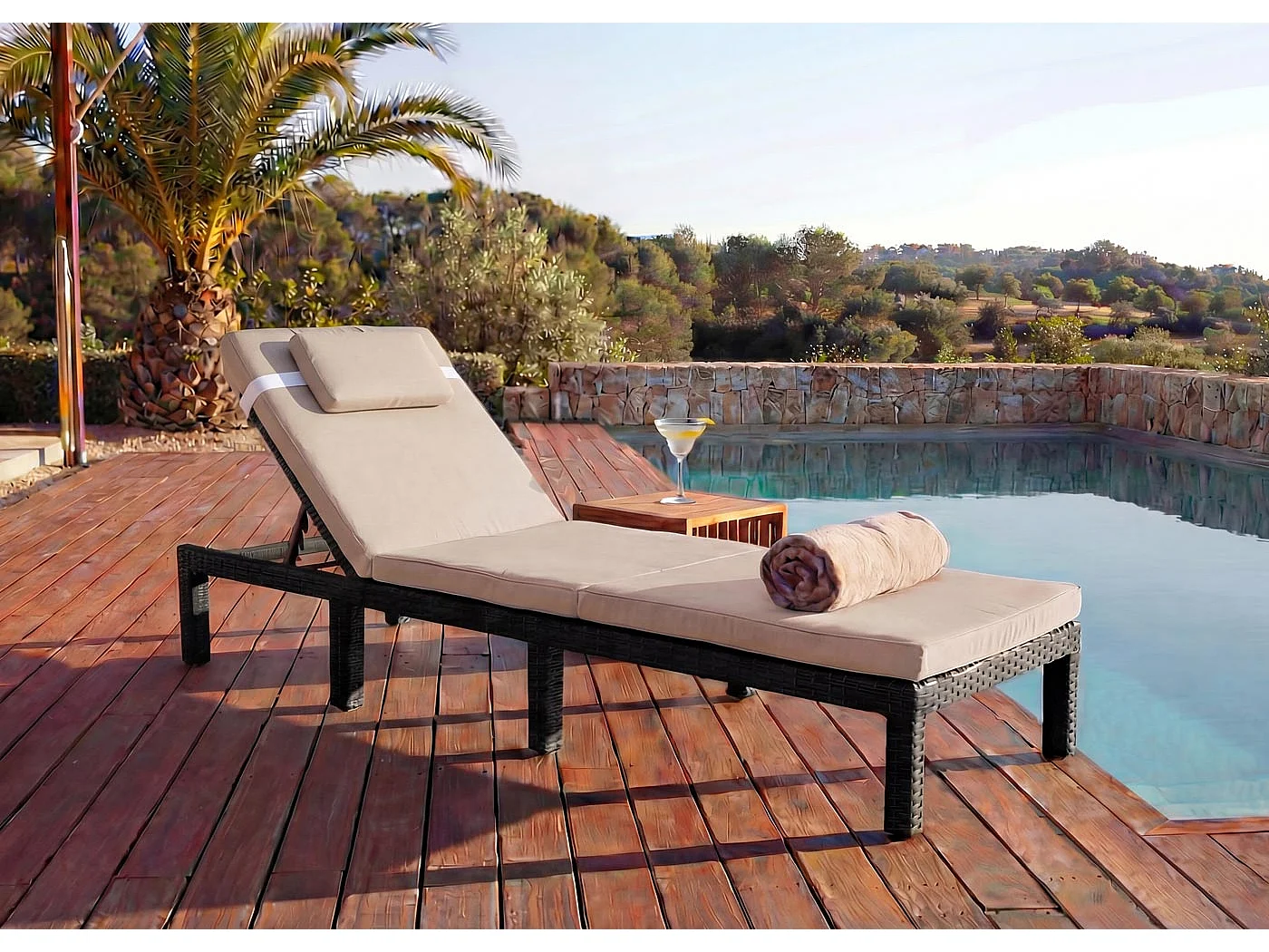 Poly-Rattan Bain de soleil MCW-A51 Premium,  Premium marron, coussin crème