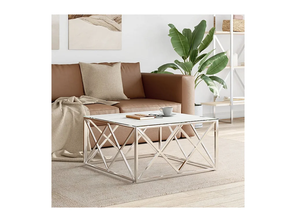 Table basse argenté 80x80x40 cm acier inoxydable et verre