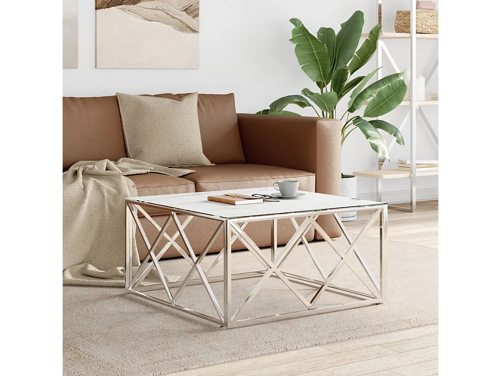 Tavolino da Salotto Argento 80x80x40 cm in Acciaio Inox e Vetro