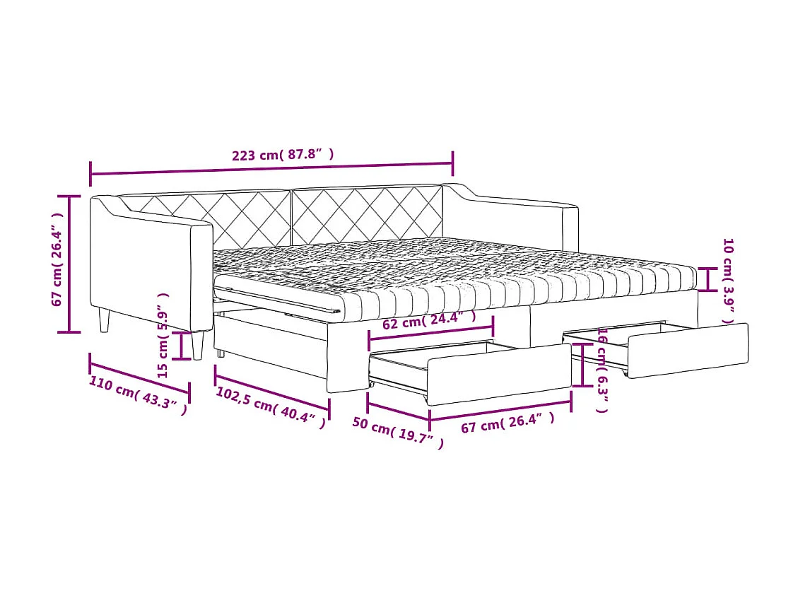 Sofá-cama c/ gavetão e gavetas 100x200 cm tecido cinzento-claro