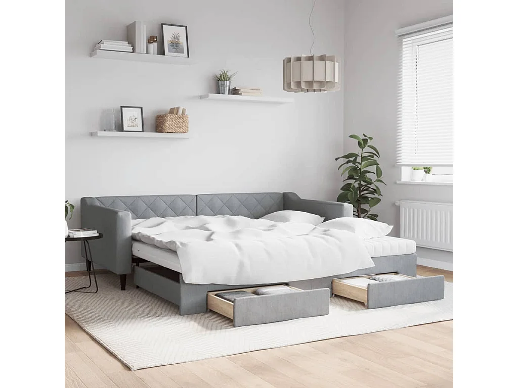 Lit de jour avec gigogne et tiroirs gris clair 100x200 cm tissu