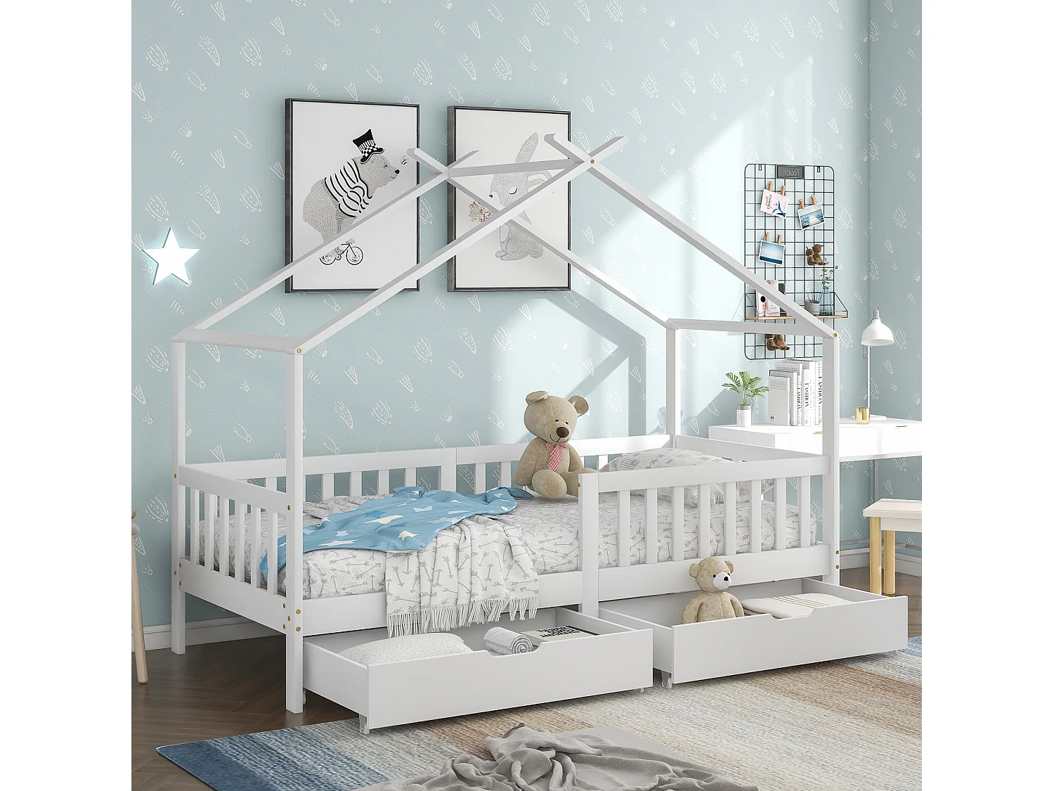 Lit enfant 200x90 cm, avec deux tiroirs, cadre de clôture et de lattes, protection contre les chutes, bois massif, blanc