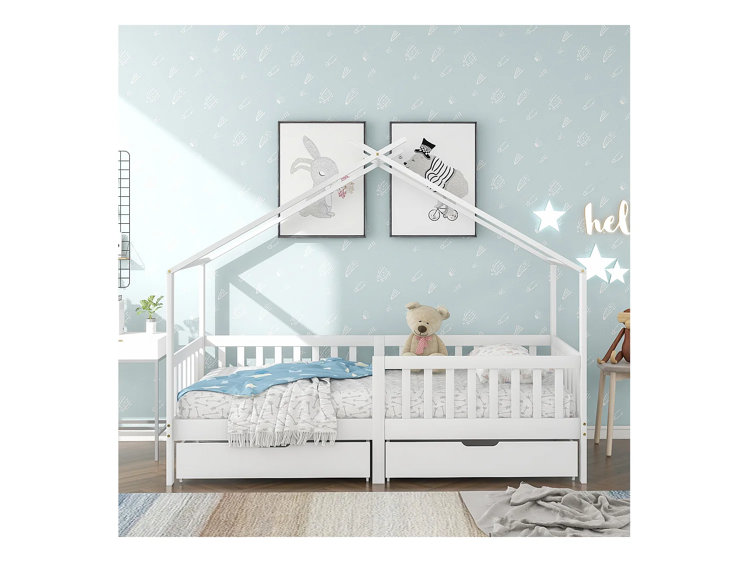 Lit enfant 200x90 cm, avec deux tiroirs, cadre de clôture et de lattes, protection contre les chutes, bois massif, blanc