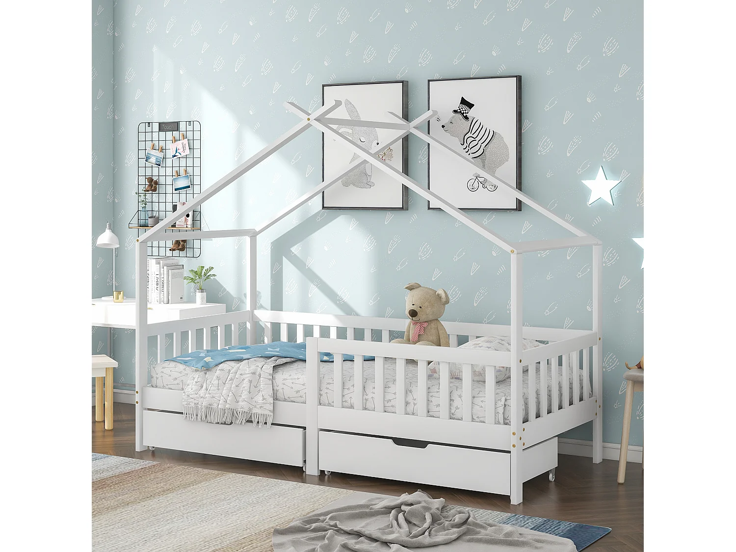 Lit enfant 200x90 cm, avec deux tiroirs, cadre de clôture et de lattes, protection contre les chutes, bois massif, blanc