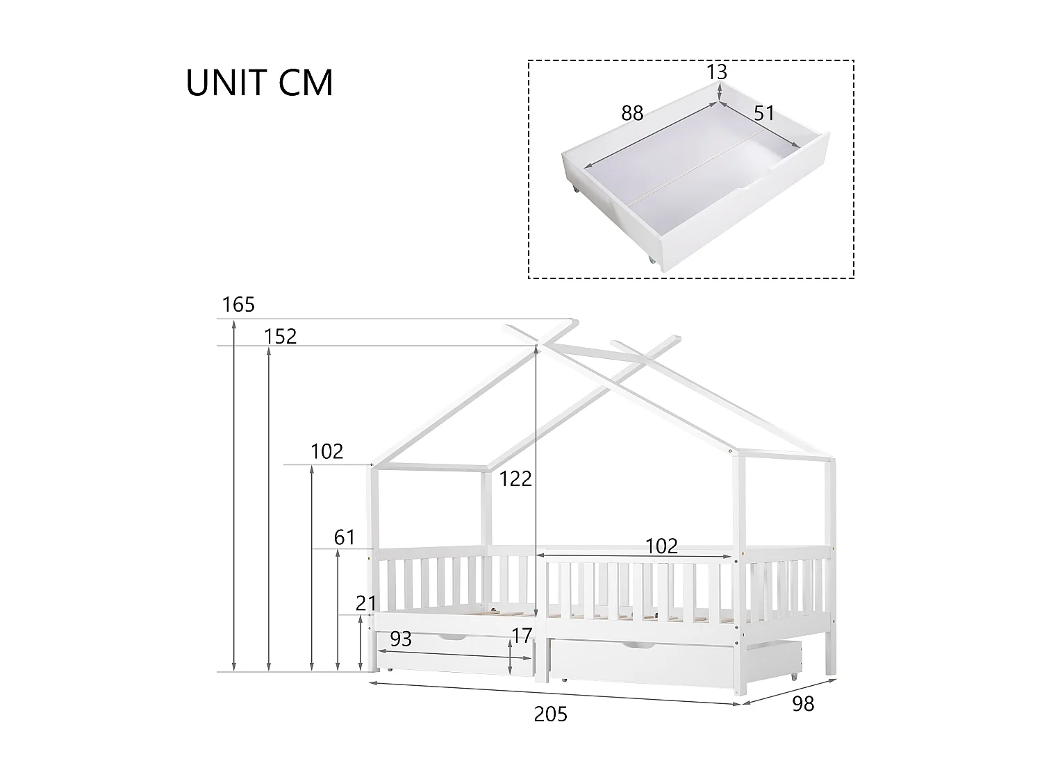 Lit enfant 200x90 cm, avec deux tiroirs, cadre de clôture et de lattes, protection contre les chutes, bois massif, blanc