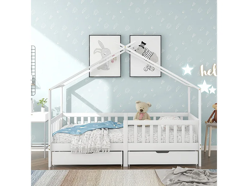 Lit enfant 200x90 cm, avec deux tiroirs, cadre de clôture et de lattes, protection contre les chutes, bois massif, blanc
