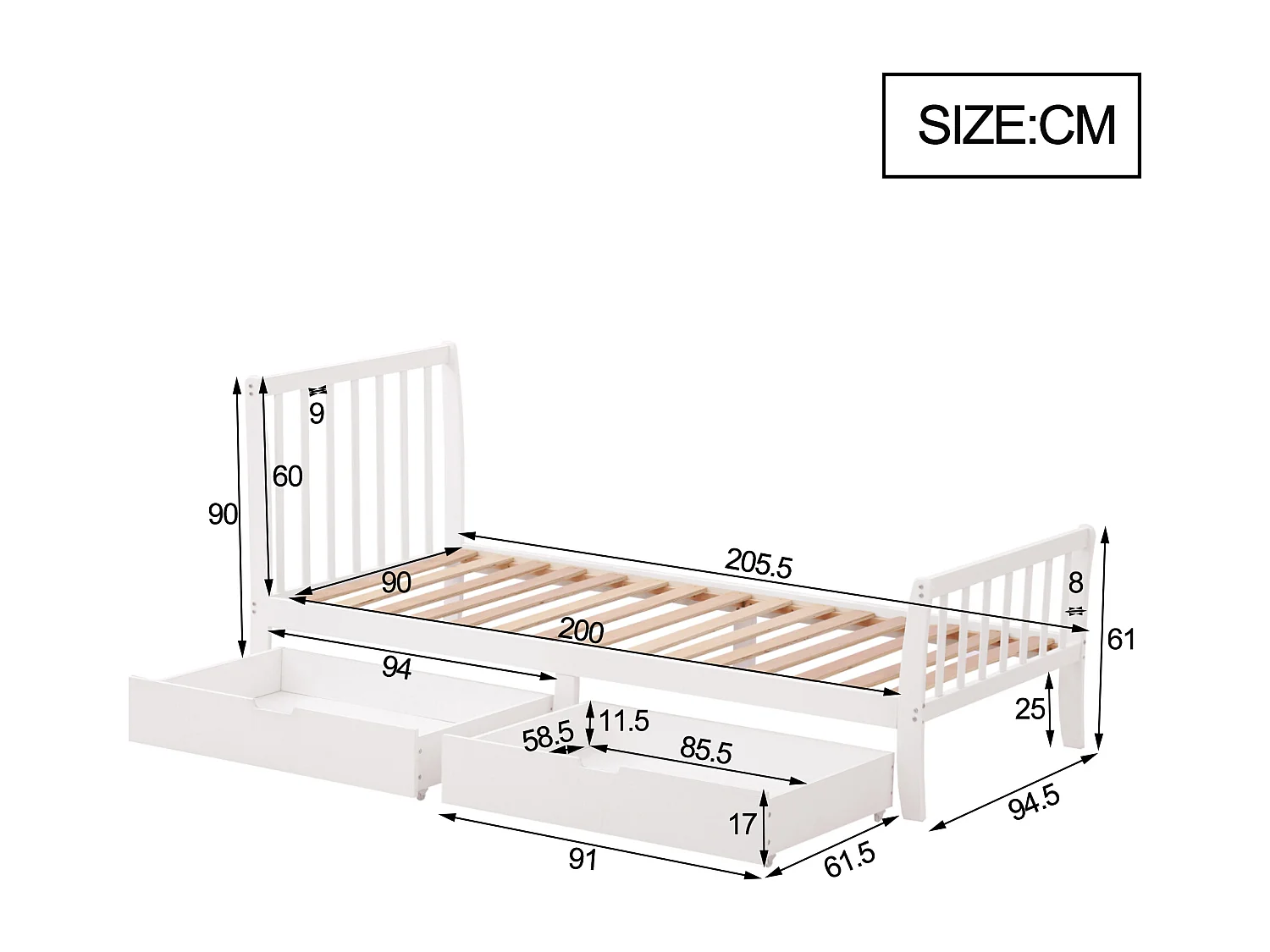 Lit en bois, lit simple, lit adolescent, lit adulte avec tiroir de rangement, cadre en pin, blanc (90x200cm)