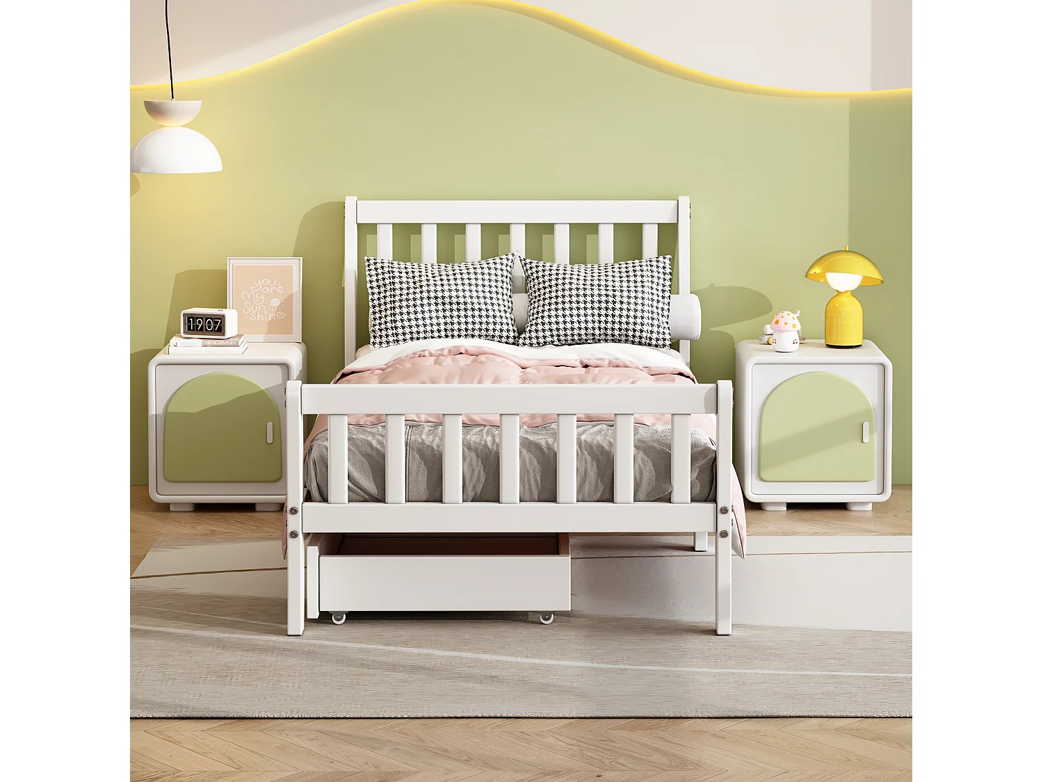 Lit en bois, lit simple, lit adolescent, lit adulte avec tiroir de rangement, cadre en pin, blanc (90x200cm)