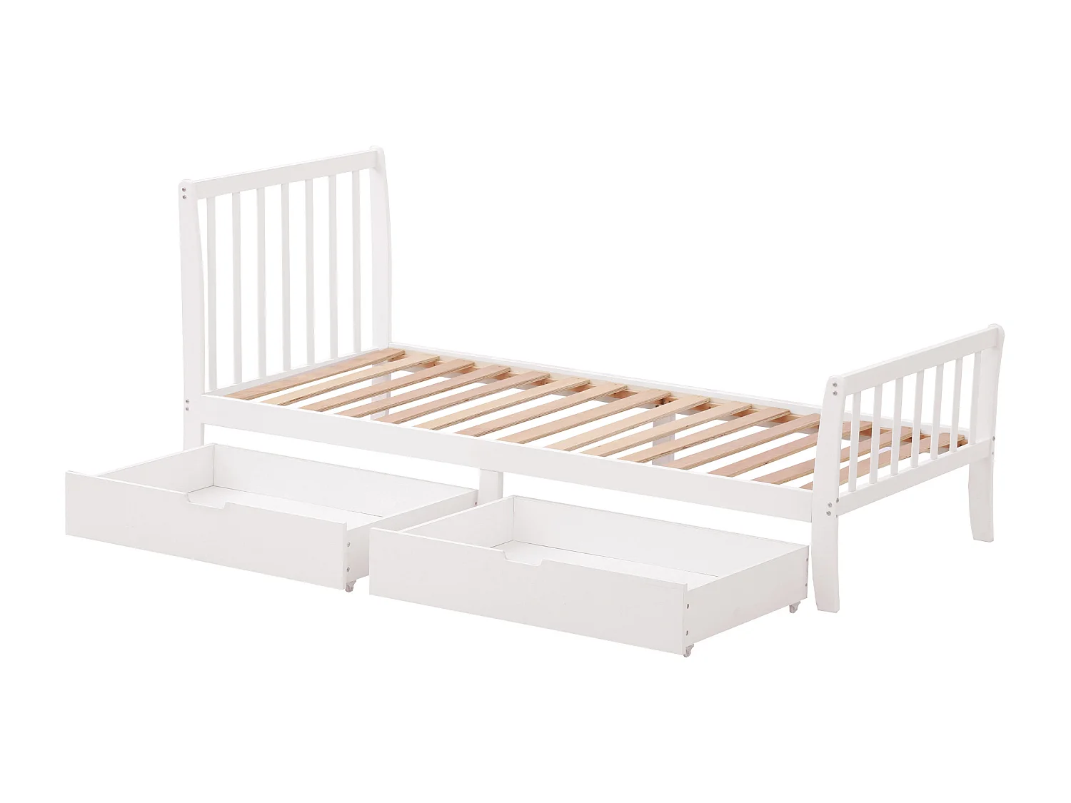 Lit en bois, lit simple, lit adolescent, lit adulte avec tiroir de rangement, cadre en pin, blanc (90x200cm)