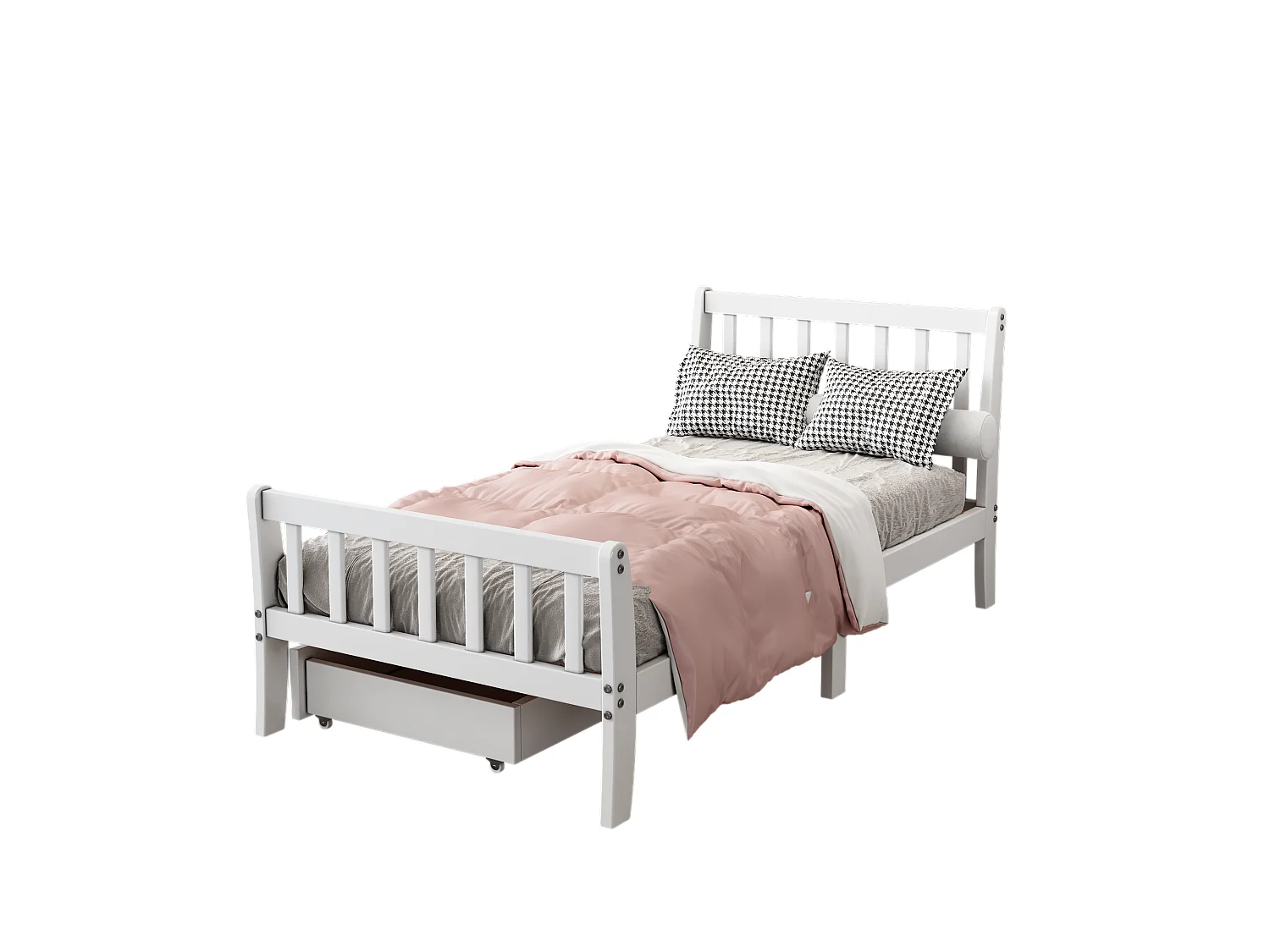 Lit en bois, lit simple, lit adolescent, lit adulte avec tiroir de rangement, cadre en pin, blanc (90x200cm)