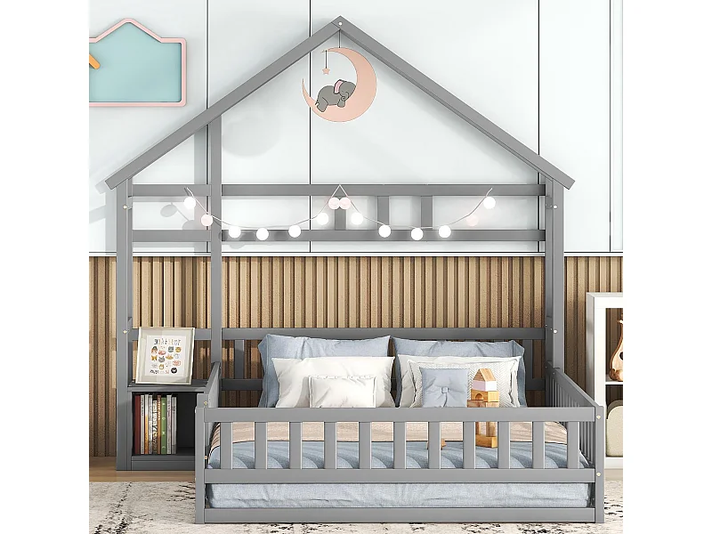 Cama infantil, 140 x 200 cm, cama plana, cama familiar con barandilla, cama infantil con cabecero, gris