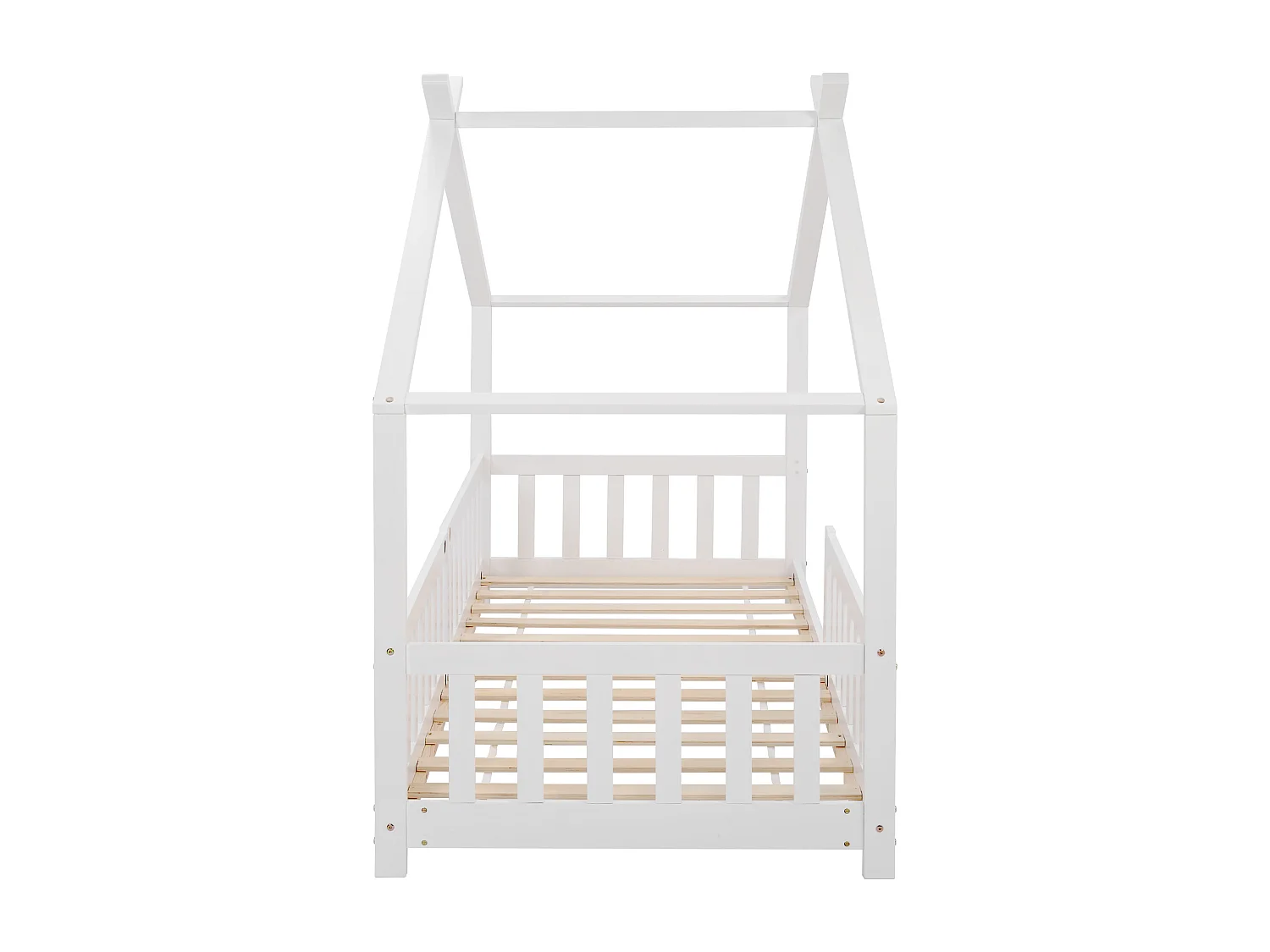 Lit d'enfant 90x200 cm, en bois massif, avec barrière et sommier à lattes, avec protection contre les chutes, blanc