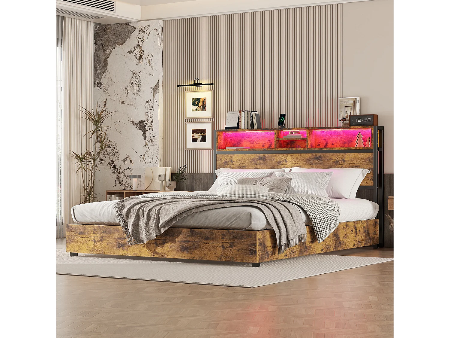 Cama acolchoada para adulto 180 x 578 cm, sem cabeceira, com faixa LED (monocromática), base com suspensão hidráulica, bege.