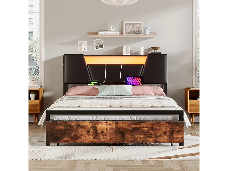 Flachbett 140*200 cm, Bett mit farbwechselndem Stimmungslicht, 24-Tasten-Fernbedienung mit USB-Anschluss, Schwarz + Braun