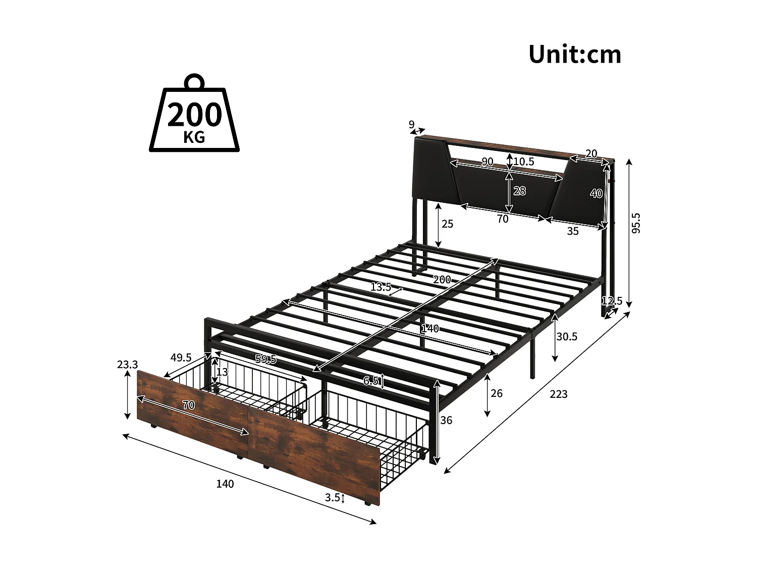 Flachbett 140*200 cm, Bett mit farbwechselndem Stimmungslicht, 24-Tasten-Fernbedienung mit USB-Anschluss, Schwarz + Braun