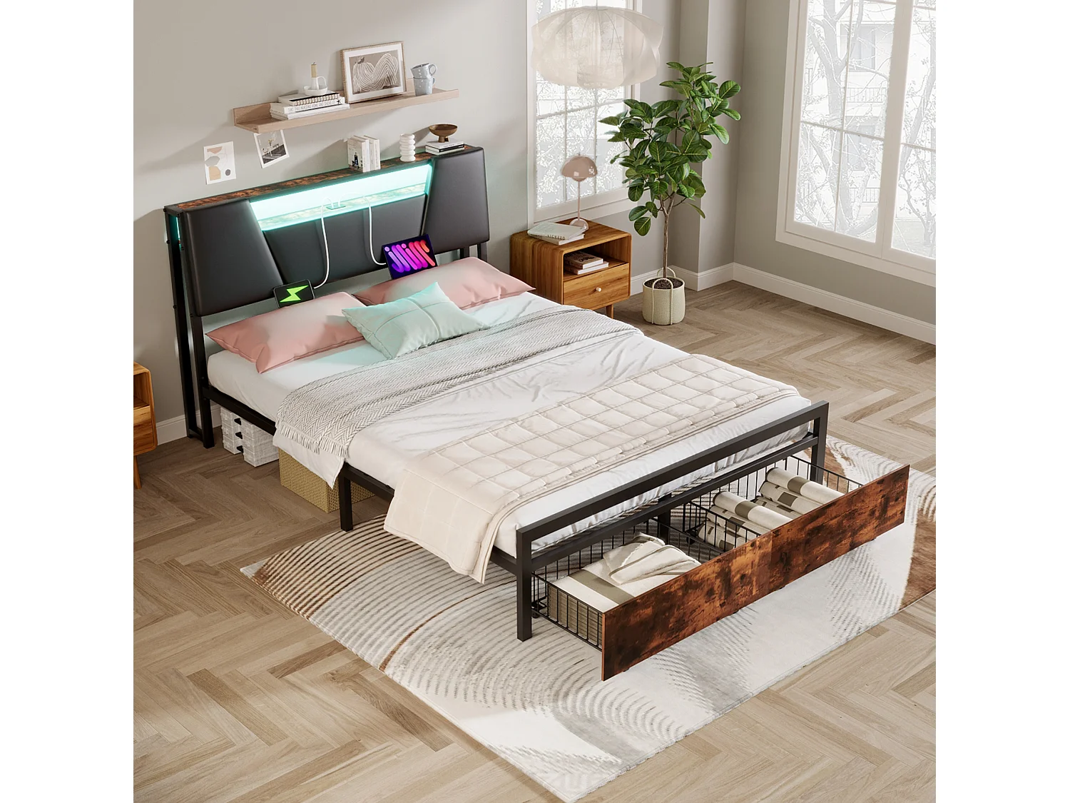 Flachbett 140*200 cm, Bett mit farbwechselndem Stimmungslicht, 24-Tasten-Fernbedienung mit USB-Anschluss, Schwarz + Braun