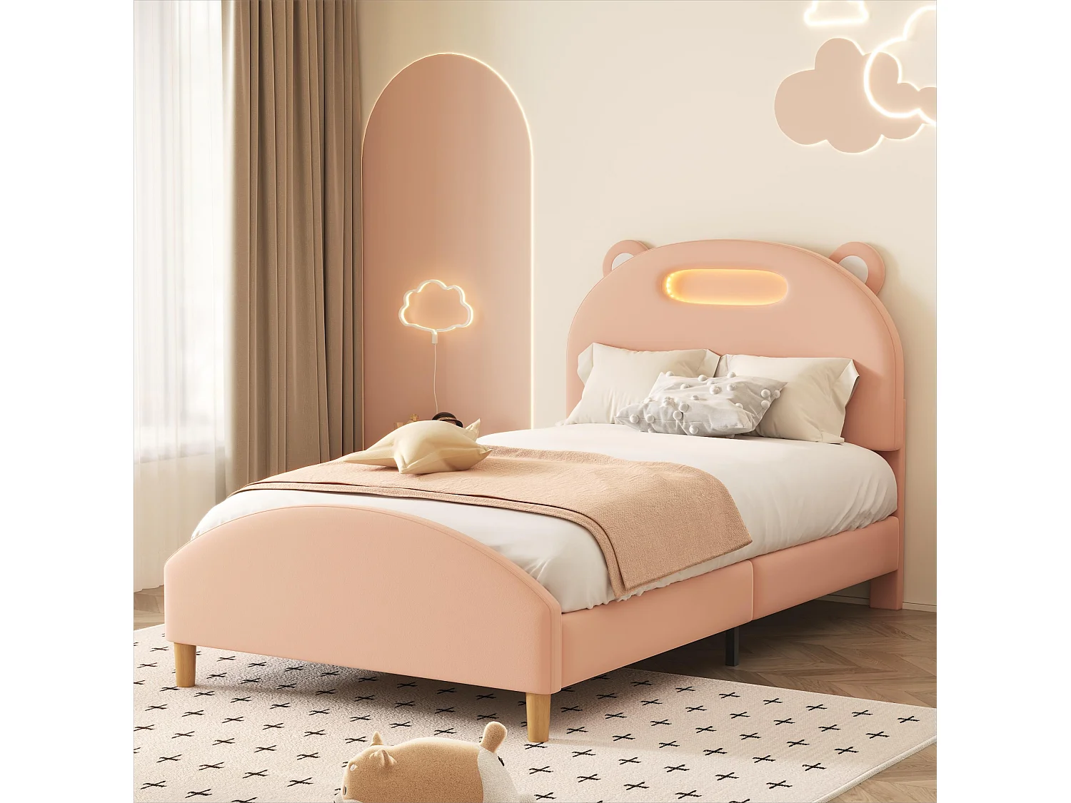 Lit simple adolescent 90x200cm, lit rembourré avec bande LED, tête de lit drôle en forme de tête d'ours, velours, rose