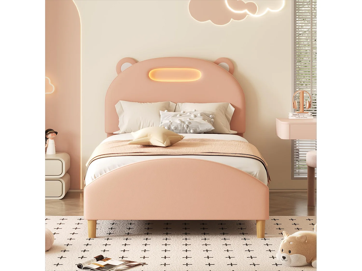 Lit simple adolescent 90x200cm, lit rembourré avec bande LED, tête de lit drôle en forme de tête d'ours, velours, rose