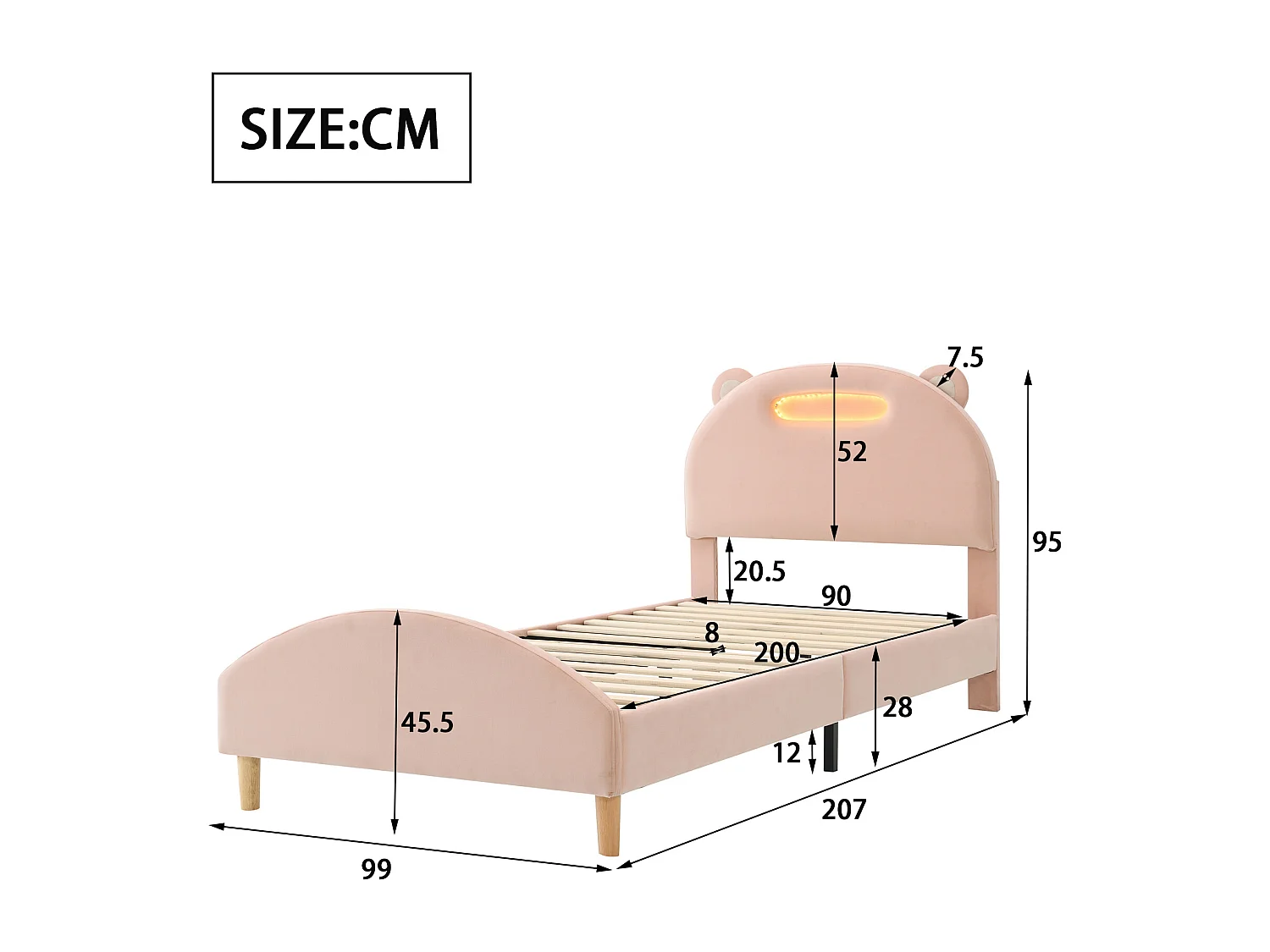 Lit simple adolescent 90x200cm, lit rembourré avec bande LED, tête de lit drôle en forme de tête d'ours, velours, rose