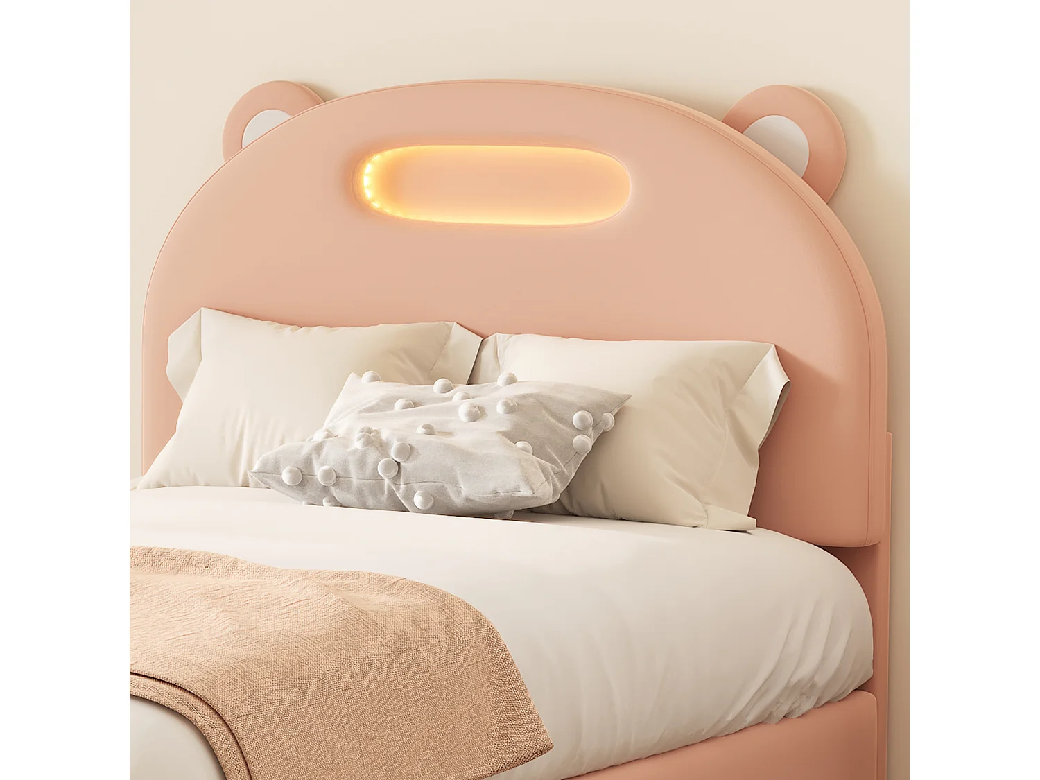 Lit simple adolescent 90x200cm, lit rembourré avec bande LED, tête de lit drôle en forme de tête d'ours, velours, rose