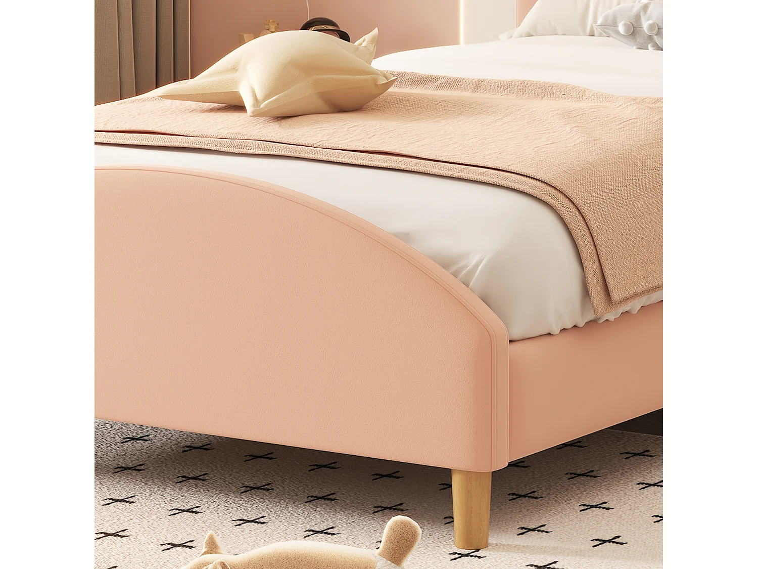 Lit simple adolescent 90x200cm, lit rembourré avec bande LED, tête de lit drôle en forme de tête d'ours, velours, rose