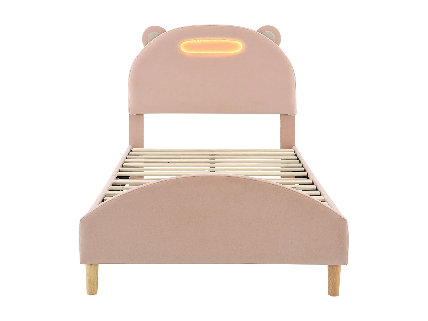 Lit simple adolescent 90x200cm, lit rembourré avec bande LED, tête de lit drôle en forme de tête d'ours, velours, rose