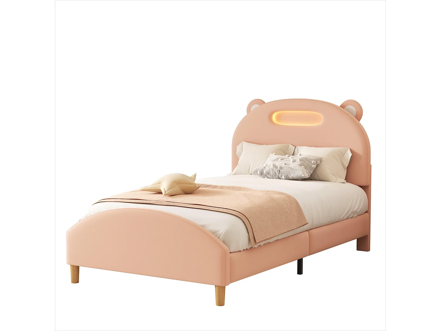 Lit simple adolescent 90x200cm, lit rembourré avec bande LED, tête de lit drôle en forme de tête d'ours, velours, rose