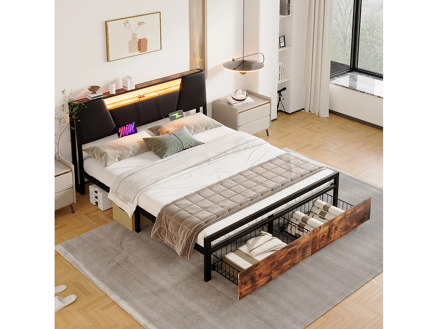 Flachbett 160*200 cm, Bett mit farbwechselndem Stimmungslicht, 24-Tasten-Fernbedienung mit USB-Anschluss, Schwarz + Braun