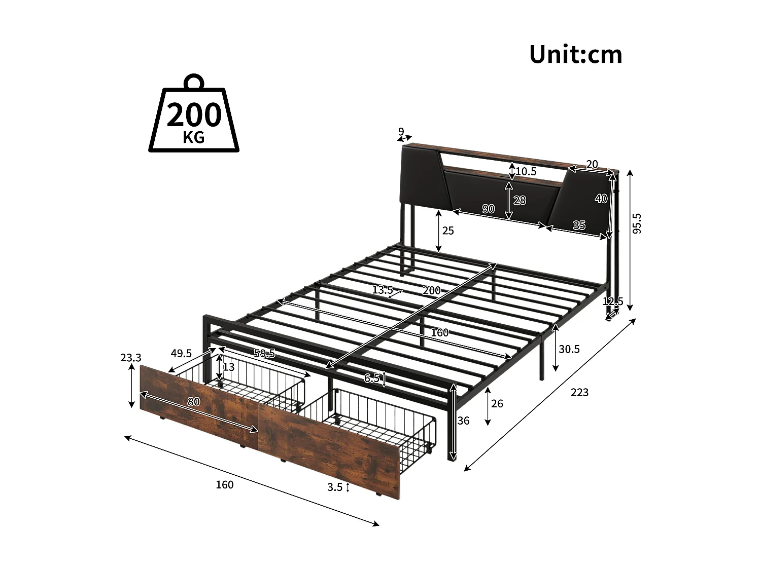 Flachbett 160*200 cm, Bett mit farbwechselndem Stimmungslicht, 24-Tasten-Fernbedienung mit USB-Anschluss, Schwarz + Braun