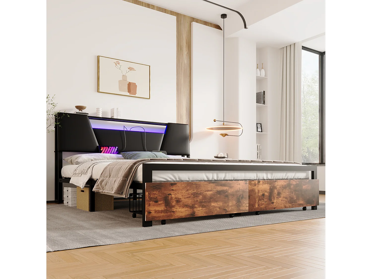 Flachbett 160*200 cm, Bett mit farbwechselndem Stimmungslicht, 24-Tasten-Fernbedienung mit USB-Anschluss, Schwarz + Braun