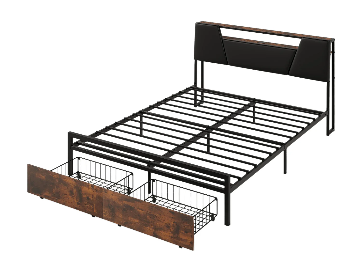 Flachbett 160*200 cm, Bett mit farbwechselndem Stimmungslicht, 24-Tasten-Fernbedienung mit USB-Anschluss, Schwarz + Braun