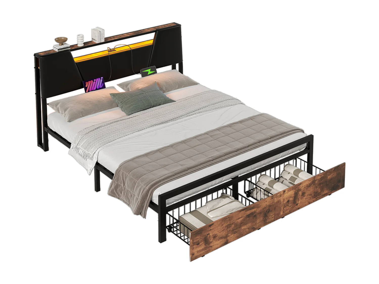 Flachbett 160*200 cm, Bett mit farbwechselndem Stimmungslicht, 24-Tasten-Fernbedienung mit USB-Anschluss, Schwarz + Braun