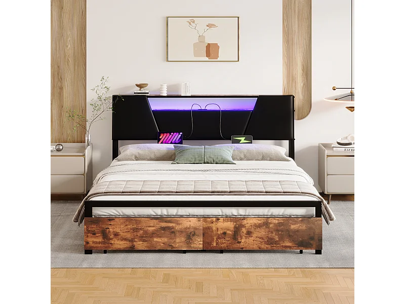 Flachbett 160*200 cm, Bett mit farbwechselndem Stimmungslicht, 24-Tasten-Fernbedienung mit USB-Anschluss, Schwarz + Braun