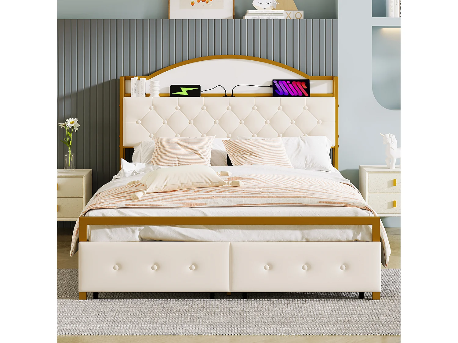 Cama plana de 140*200 cm, cabecero con compartimento integrado, toma USB, cajón doble al final de la cama, color dorado