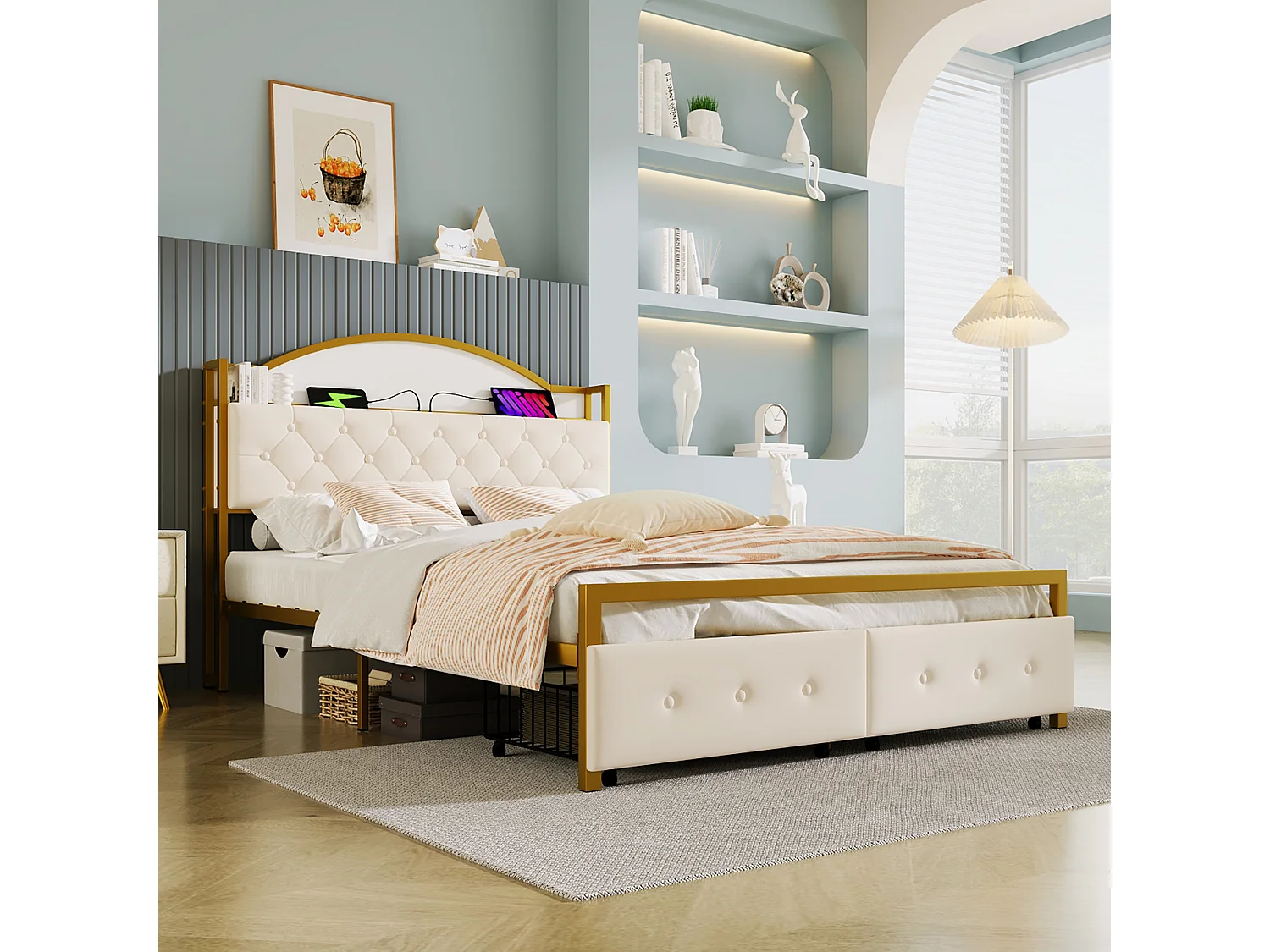 Cama plana de 140*200 cm, cabecero con compartimento integrado, toma USB, cajón doble al final de la cama, color dorado